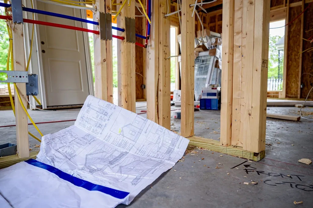 Plans on a slab floor inside a framed building