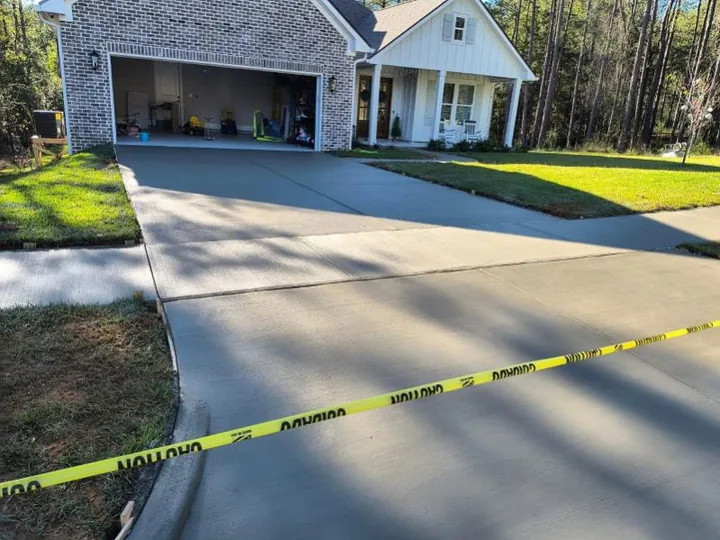 Street view of the finished concrete driveway at the brick garage