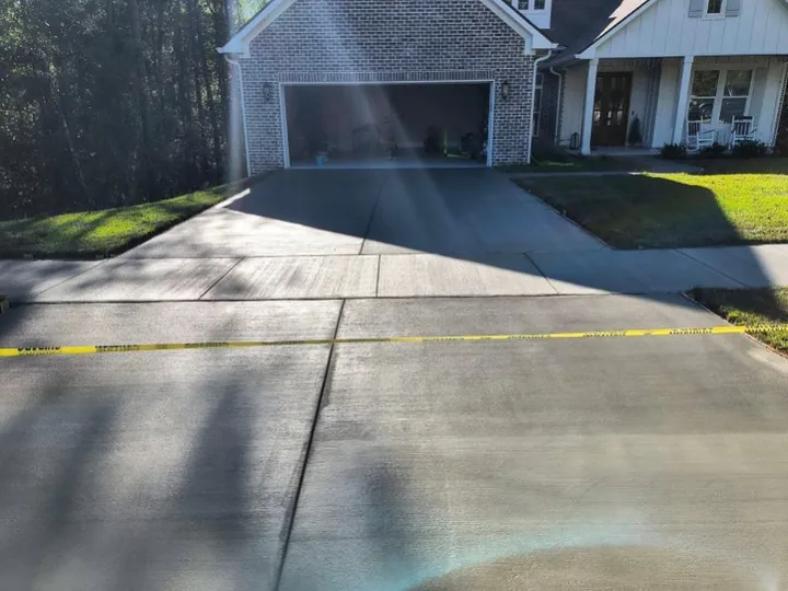 Concrete driveway with control joints leading to a brick garage